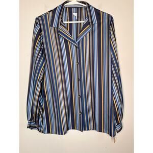 Deadstock 1970s Navy Blue Tan White Stripes Retro Disco Button Up Volup Shirt XL